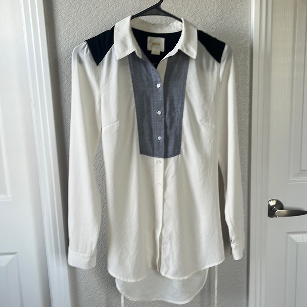 Maeve Anthropologie Alexis Chambray Belted Tunic Color Block blouse